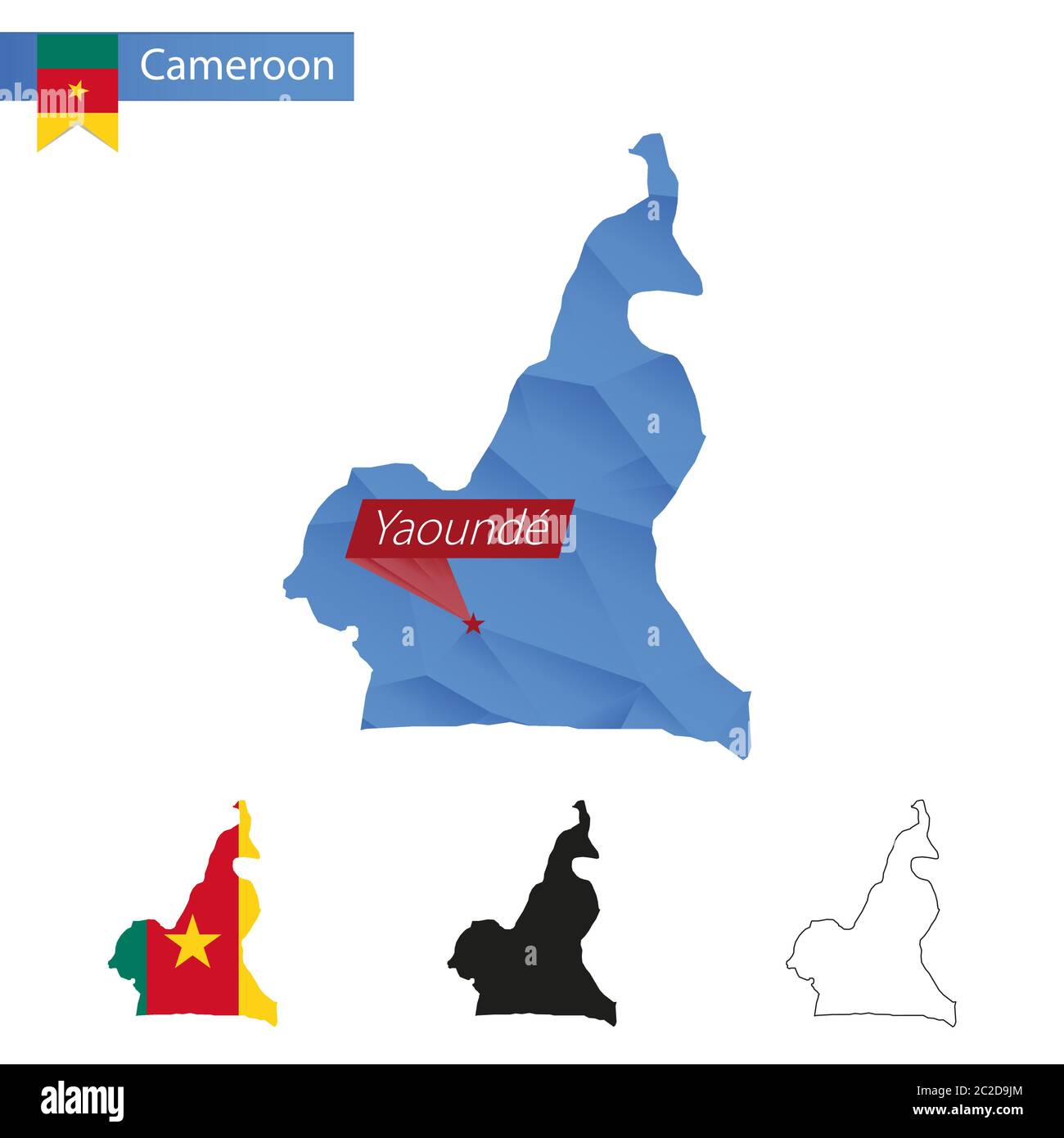 Carte bleu Cameroun Low Poly avec capitale Yaoundé, versions avec drapeau, noir et contour. Illustration vectorielle. Illustration de Vecteur