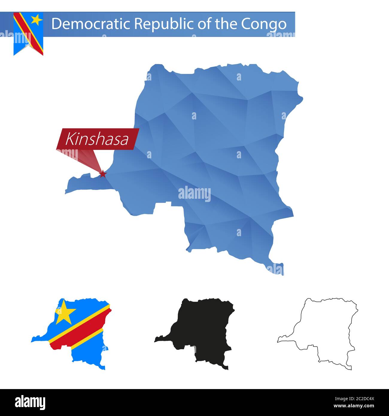 Carte bleu de la République démocratique du Congo à faible Poly avec la capitale Kinshasa, quatre versions de la carte. Illustration vectorielle. Illustration de Vecteur