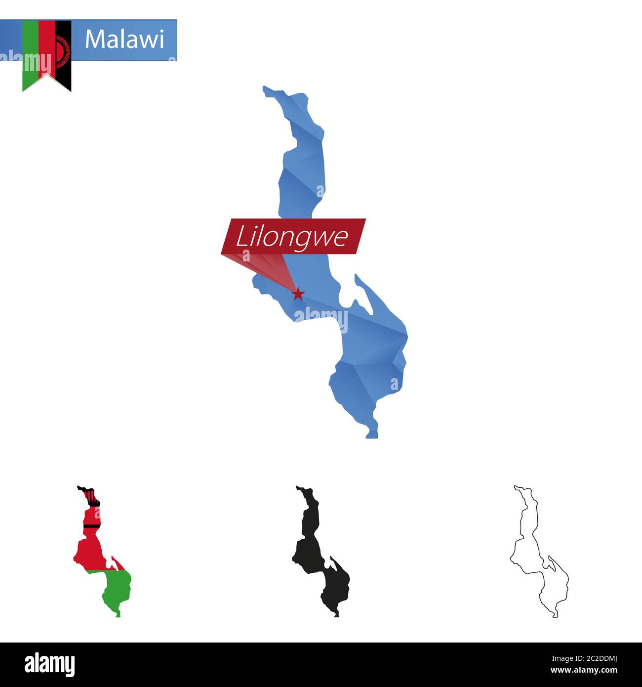 Carte bleu Malawi Low Poly avec la capitale Lilongwe, versions avec drapeau, noir et contour