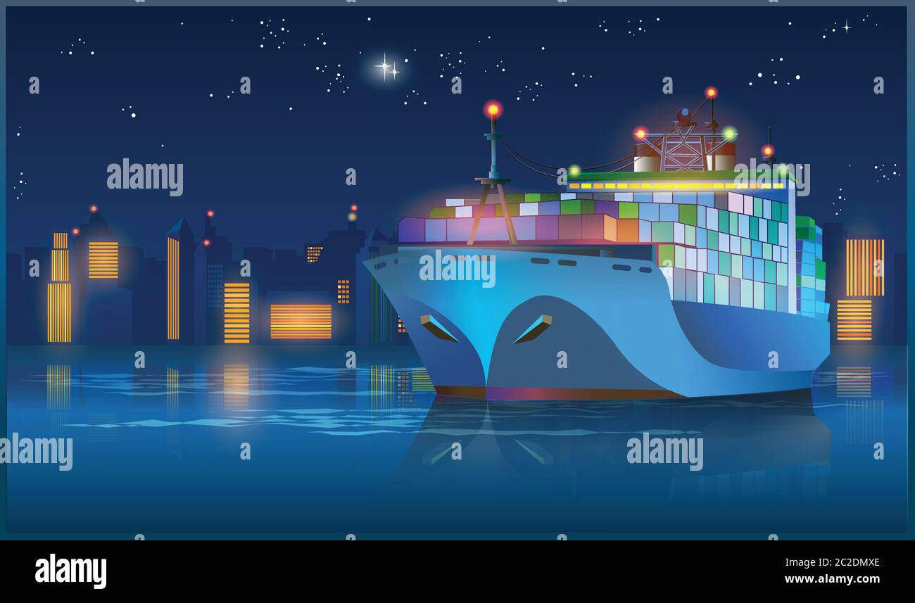 Illustration vectorielle stylisée sur le thème du transport maritime. Grand cargo quittant le port avec du fret la nuit Illustration de Vecteur