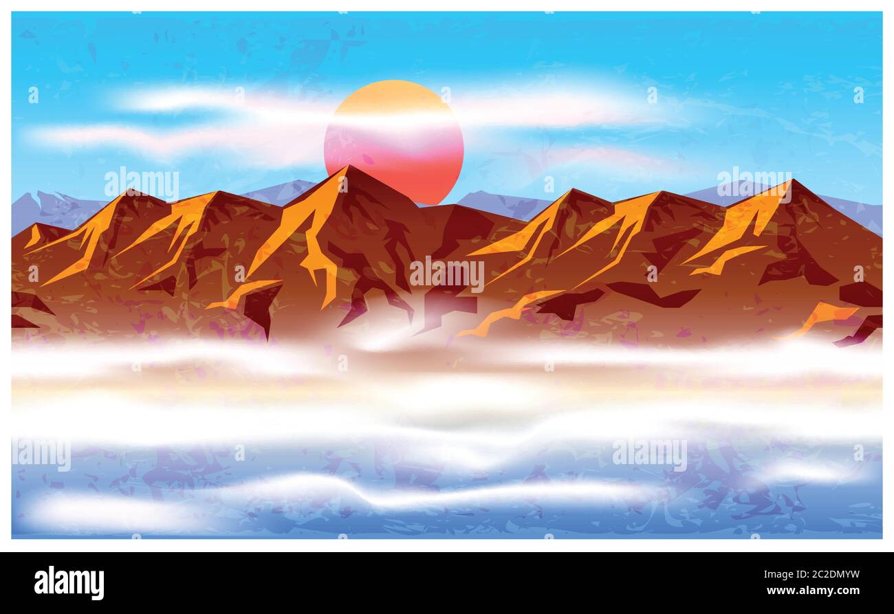 Illustration vectorielle stylisée sur le thème des chaînes de montagnes, des montagnes, des voyages et des promenades. Sommets de montagne dans la brume et les nuages Illustration de Vecteur
