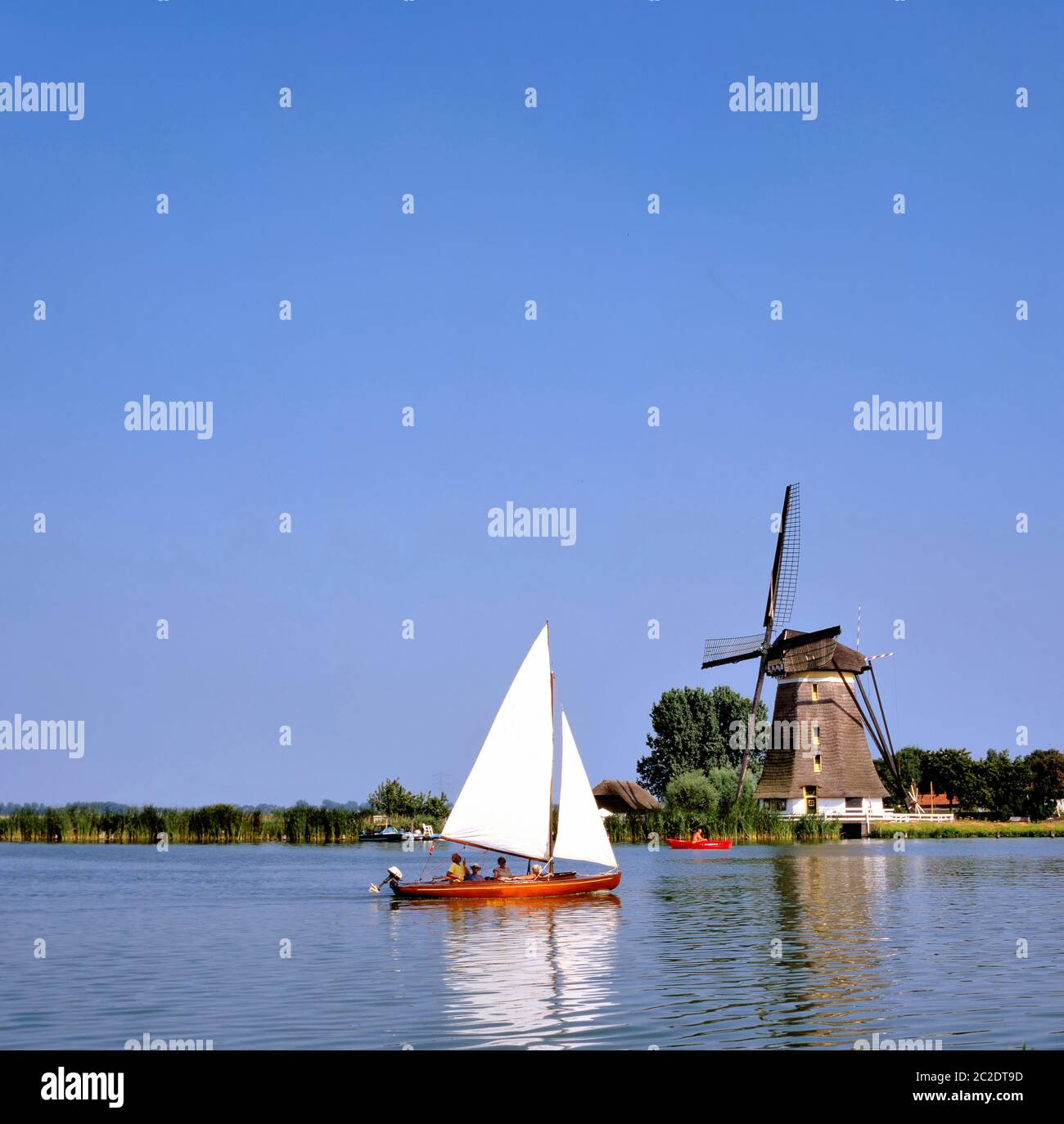 Bleiswijk,Hollande-août 10,2019: Bateau à voile devant le Moulin sur la rivière Rotte près de Bleiswijk aux pays-Bas.avec l'espace de copie dans le clair b Banque D'Images