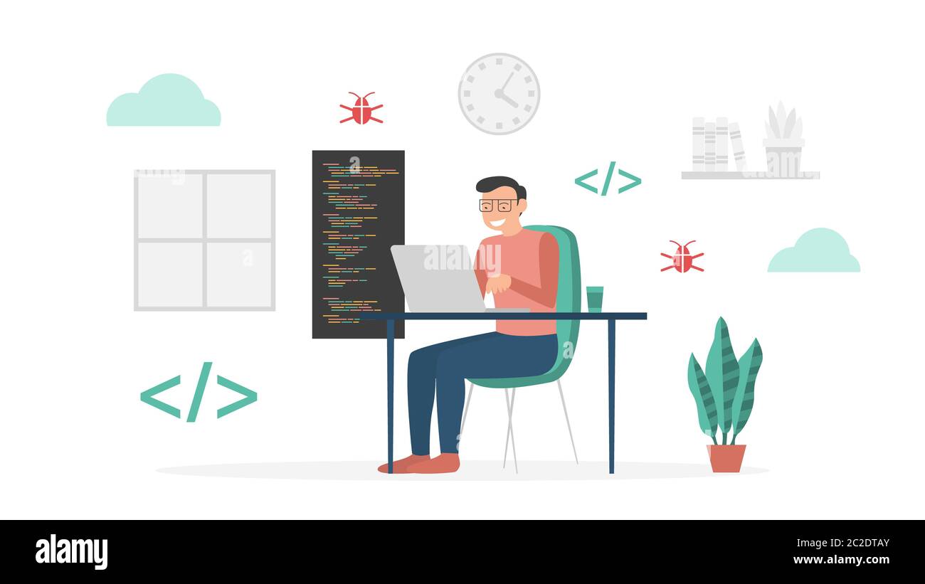 Programmateurs travaillant sur PC portable programmation de codage logiciel de développement web plates-formes de bureau mobiles dessin animé moderne de style vectoriel Banque D'Images