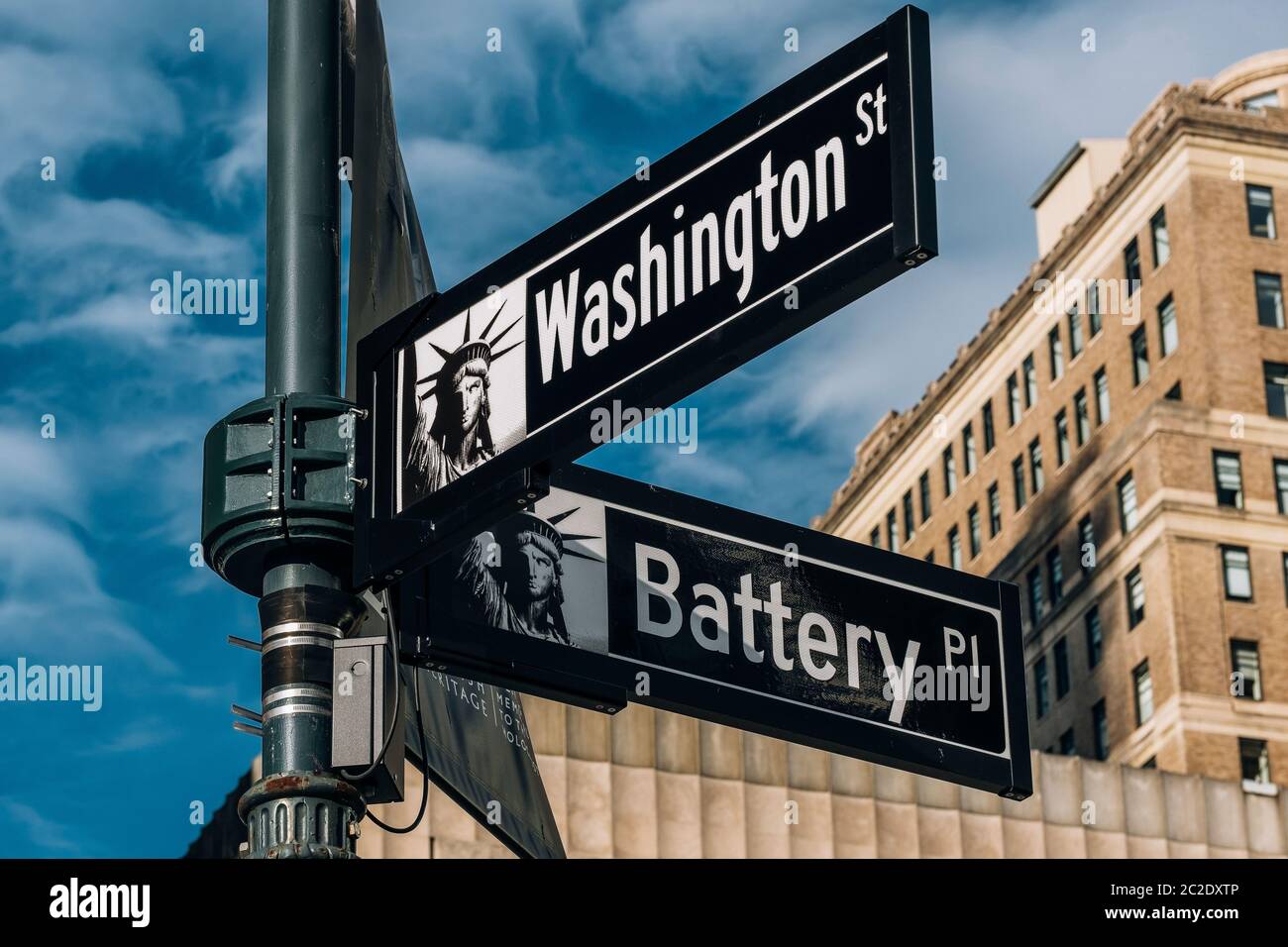 Vue rapprochée des panneaux indiquant Battery place et Washington Street et Maiden Lane dans le quartier financier Lower Manhattan New York CIT Banque D'Images