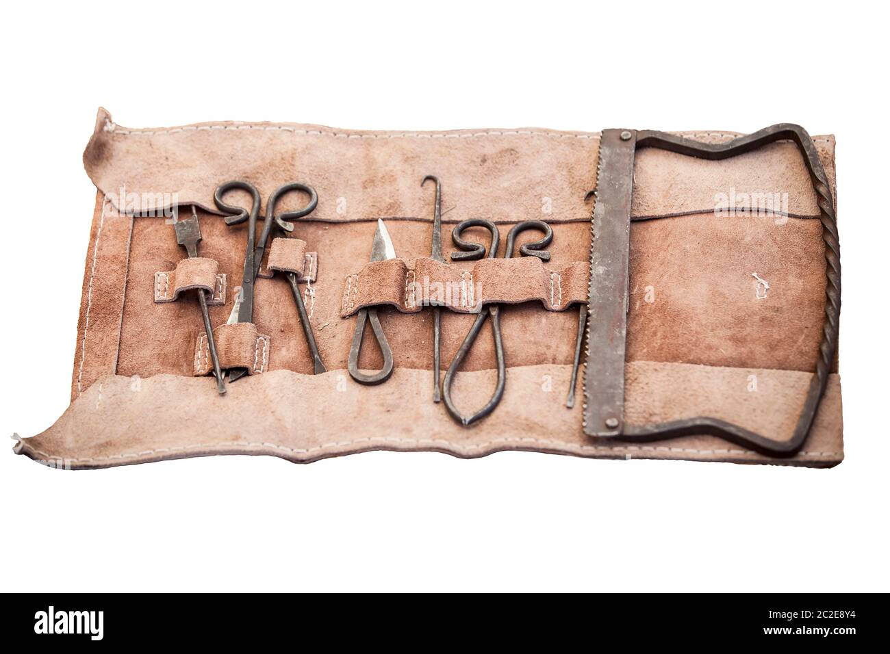 Les médecins en chirurgie médiévale outils cuir. Isolé Banque D'Images