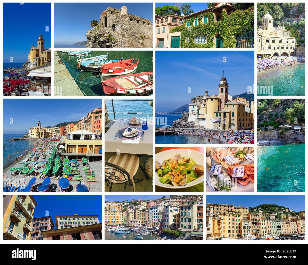 Bâtiments colorés et plage de Camogli aux beaux jours de l'été, Ligurie, Italie. Collage Banque D'Images