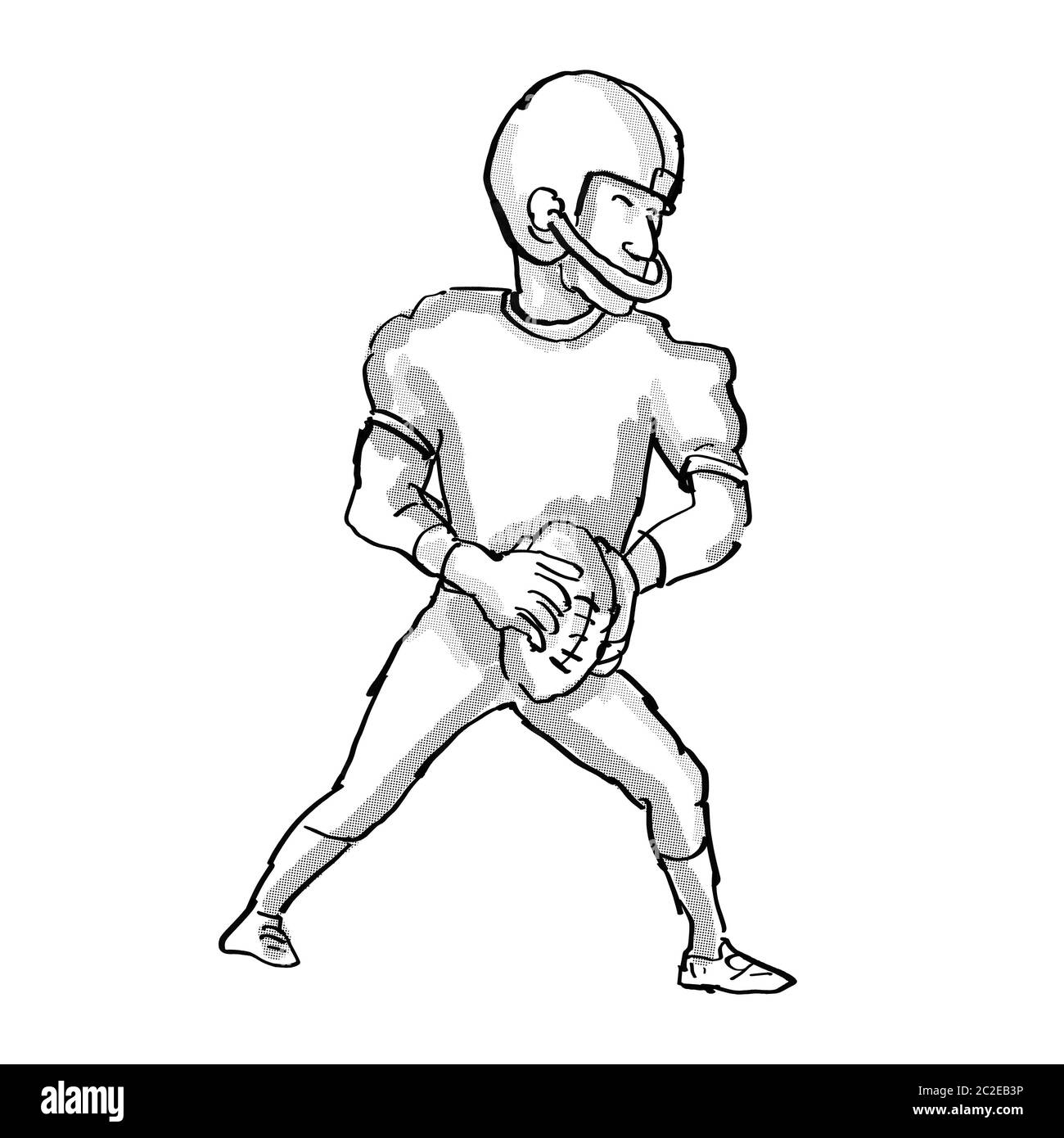Cartoon style illustration d'un joueur de football américain en noir et blanc sur fond blanc isolé Banque D'Images