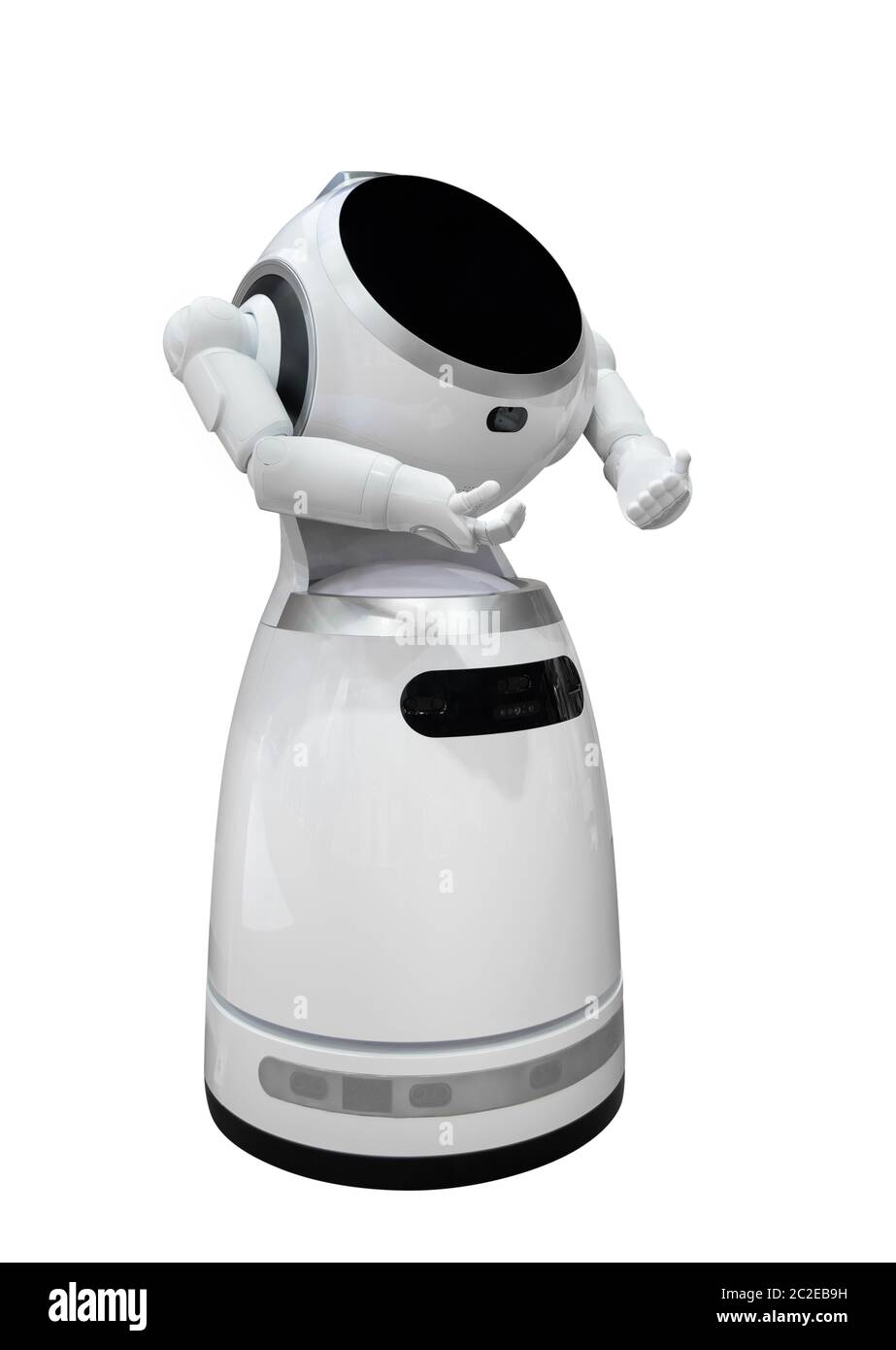 Assistant robot isolé sur fond blanc avec un masque Banque D'Images