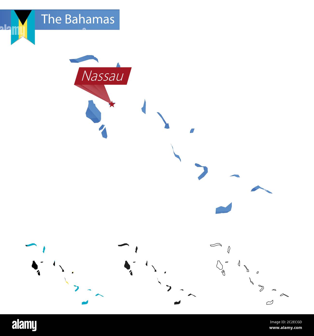 Carte bleu des Bahamas Low Poly avec la capitale Nassau, versions avec drapeau, noir et contour. Illustration vectorielle. Illustration de Vecteur