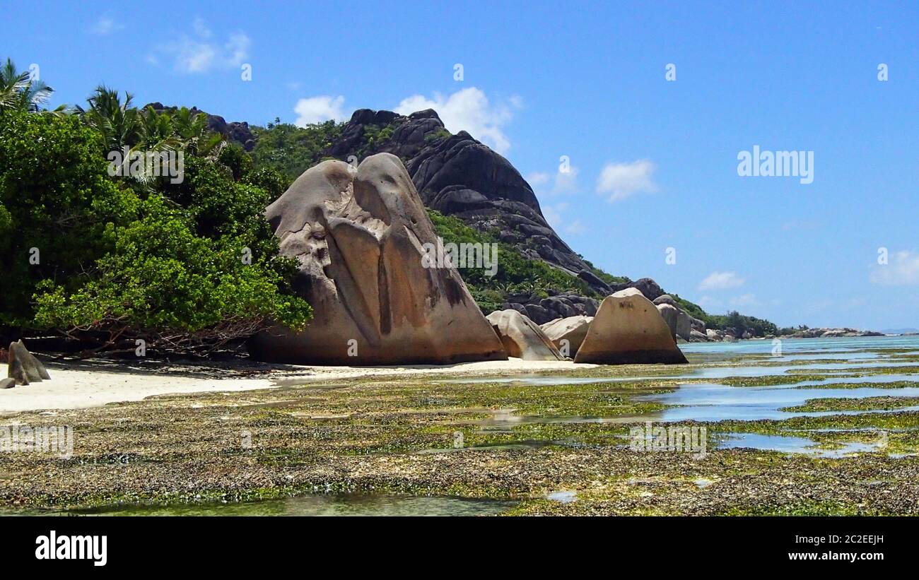 Les roches érodées typique sur la côte des Seychelles est entouré de plantes luxuriantes et de l'eau de mer peu profonde sous une lumière bleue ciel nuageux Banque D'Images