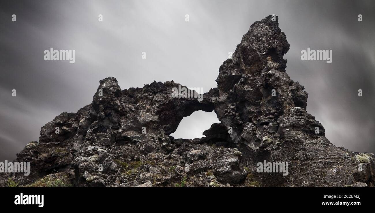 La formation de lave à Dimmuborgir, 73320, Islande, Europe Banque D'Images