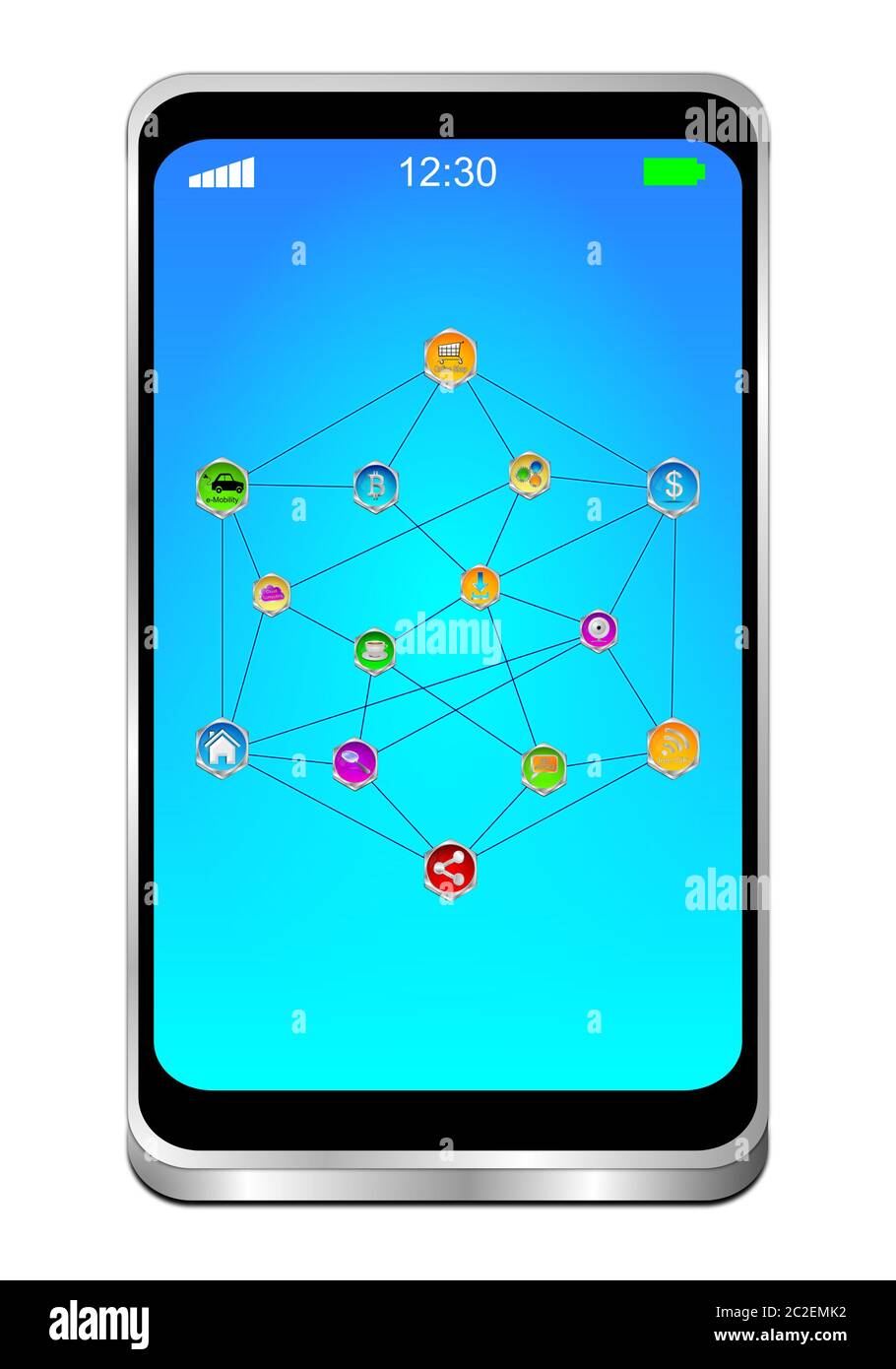 Smartphone moderne avec Internet des objets sur un bureau bleu - illustration 3D Banque D'Images