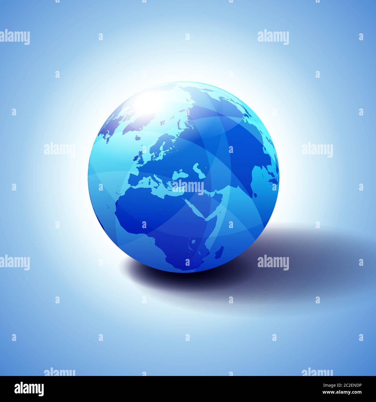 Moyen-Orient, Russie, Europe et Afrique, arrière-plan avec illustration 3D Globe Icon, sphère brillante et brillante avec carte globale en bleu subtil. Illustration de Vecteur