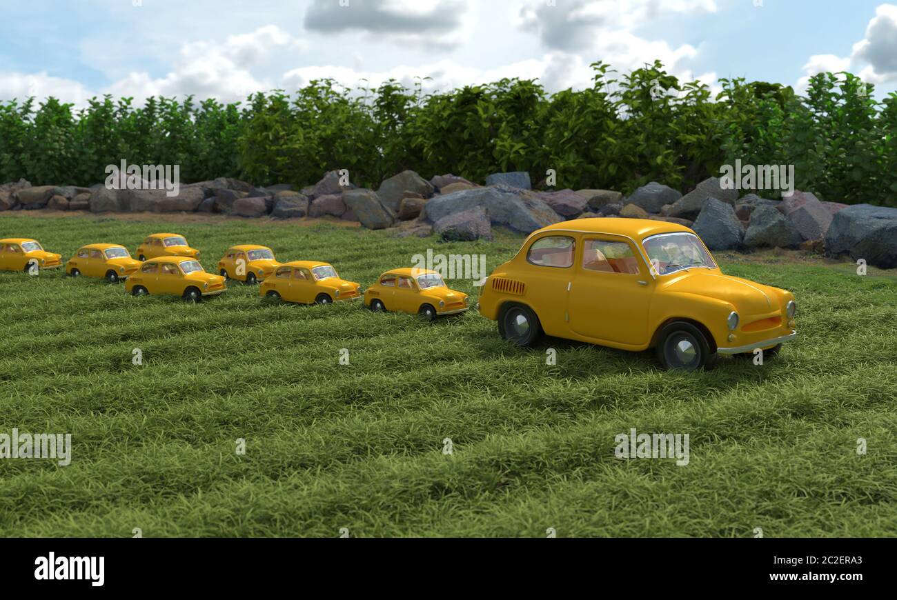 Voitures rétro jaunes associées à maman canard et ses enfants ducklings. Illustration créative conceptuelle avec double signification. Rendu 3D Banque D'Images
