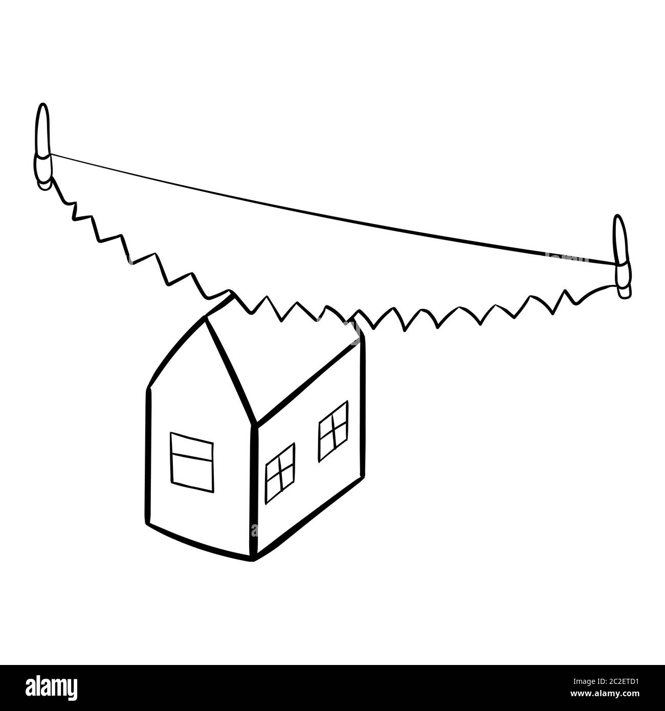 concept de divorce et de division de la propriété. a vu coupe la maison en deux. Illustration vectorielle d'esquisse noir et blanc Illustration de Vecteur