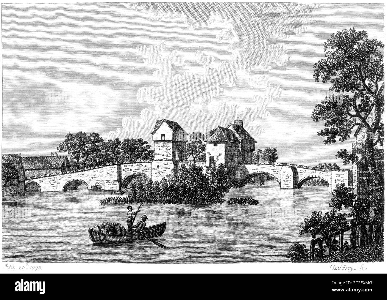 Une gravure du pont Bedford septembre 20 1773 numérisée à haute résolution d'un livre publié dans les années 1770. Je pensais libre de droits d'auteur. Banque D'Images
