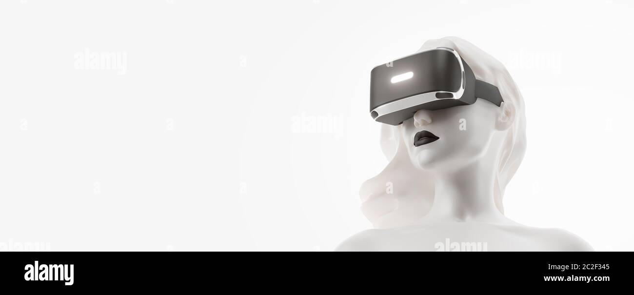 Casque VR, achats en ligne. rendu 3d de la femme, avec des lunettes de réalité virtuelle sur fond blanc. Femme achète une marchandise en un clic. Vous allez al Banque D'Images