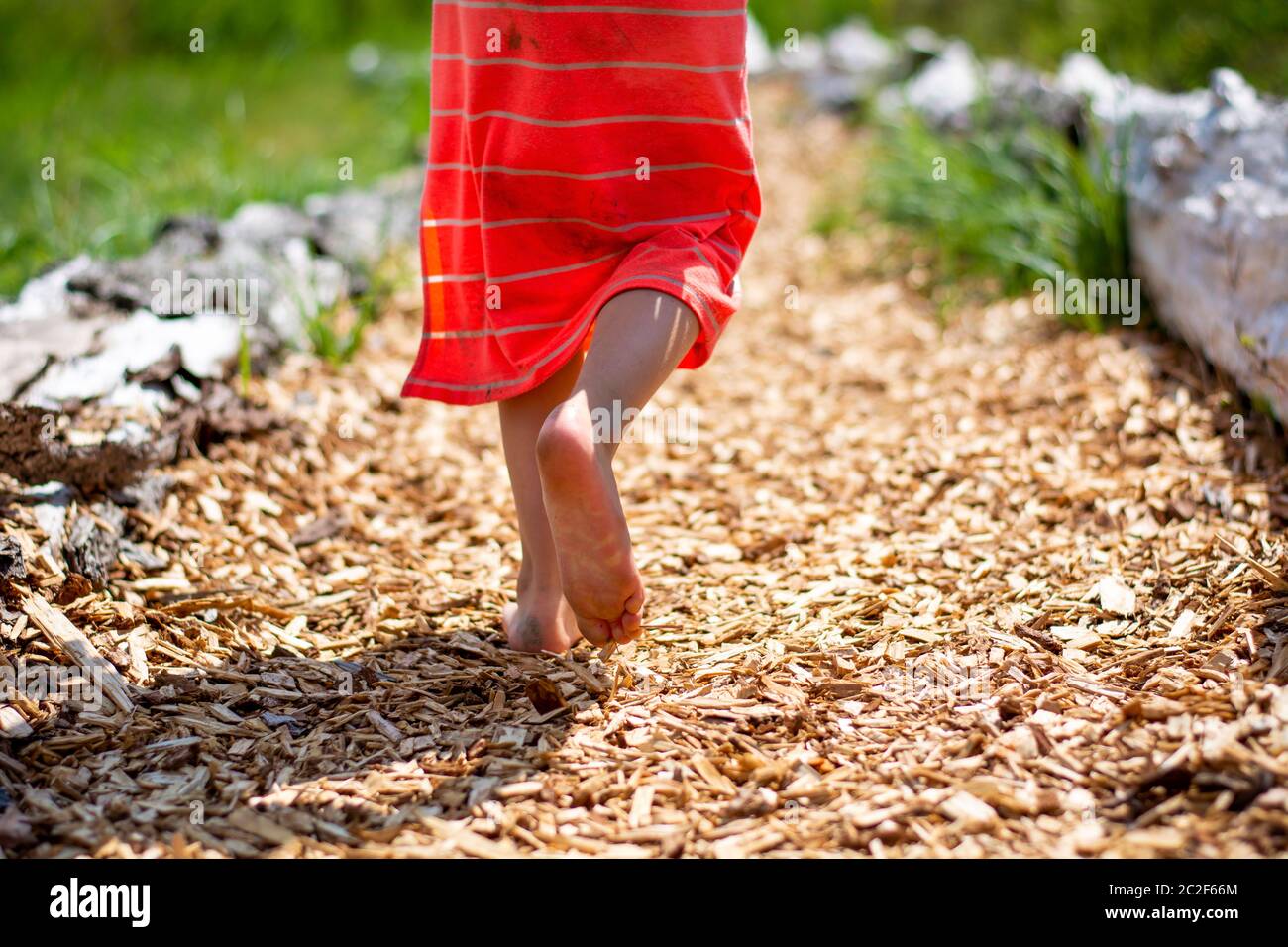 Fille en robe d'été. Enfant pieds de fille marchant pieds nus sur un chemin avec des copeaux de bois. Un mode de vie sain et heureux, une enfance sans souci. Concept de liberté. Banque D'Images