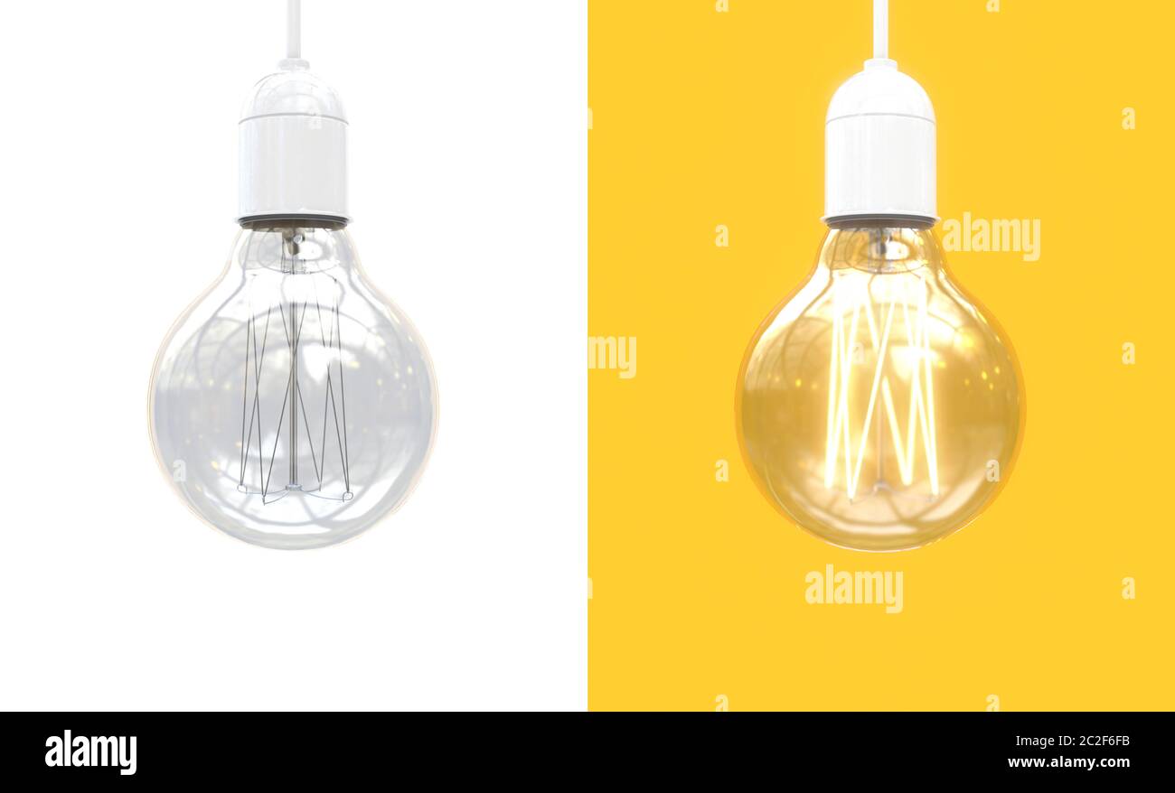 Ampoule d'Edison allumée et éteinte. Illustration d'une lampe à incandescence divisée en deux parties. Comparaison des contrastes des opposés. Isolé sur blanc et Banque D'Images