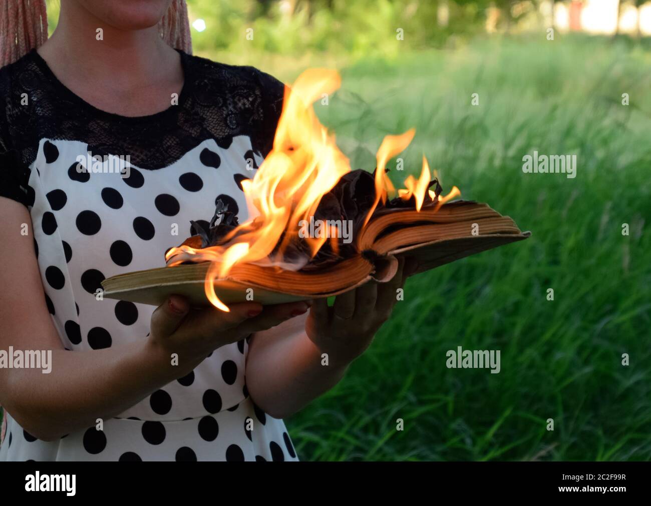 Livre brûlant dans les mains. Livres en feu dans la forêt. La jeune fille est titulaire d'un livre brûlant dans ses mains. Une jeune femme dans une forêt brûle un livre. Banque D'Images