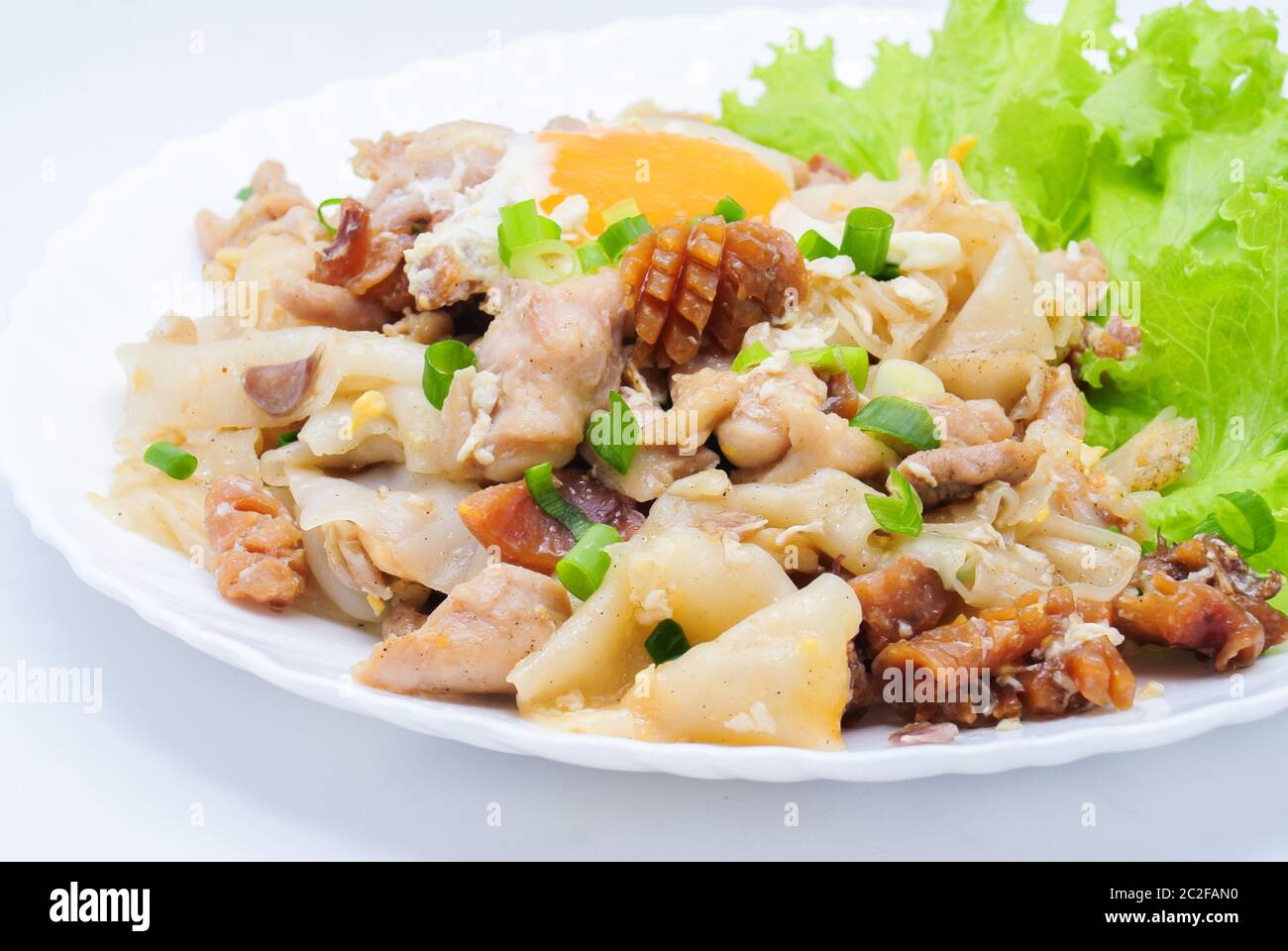 Ce plat facile est délicieux, avec des nouilles de riz et de farine sautées au poulet et aux œufs. Jetez un rapide avec du poulet, des légumes Banque D'Images