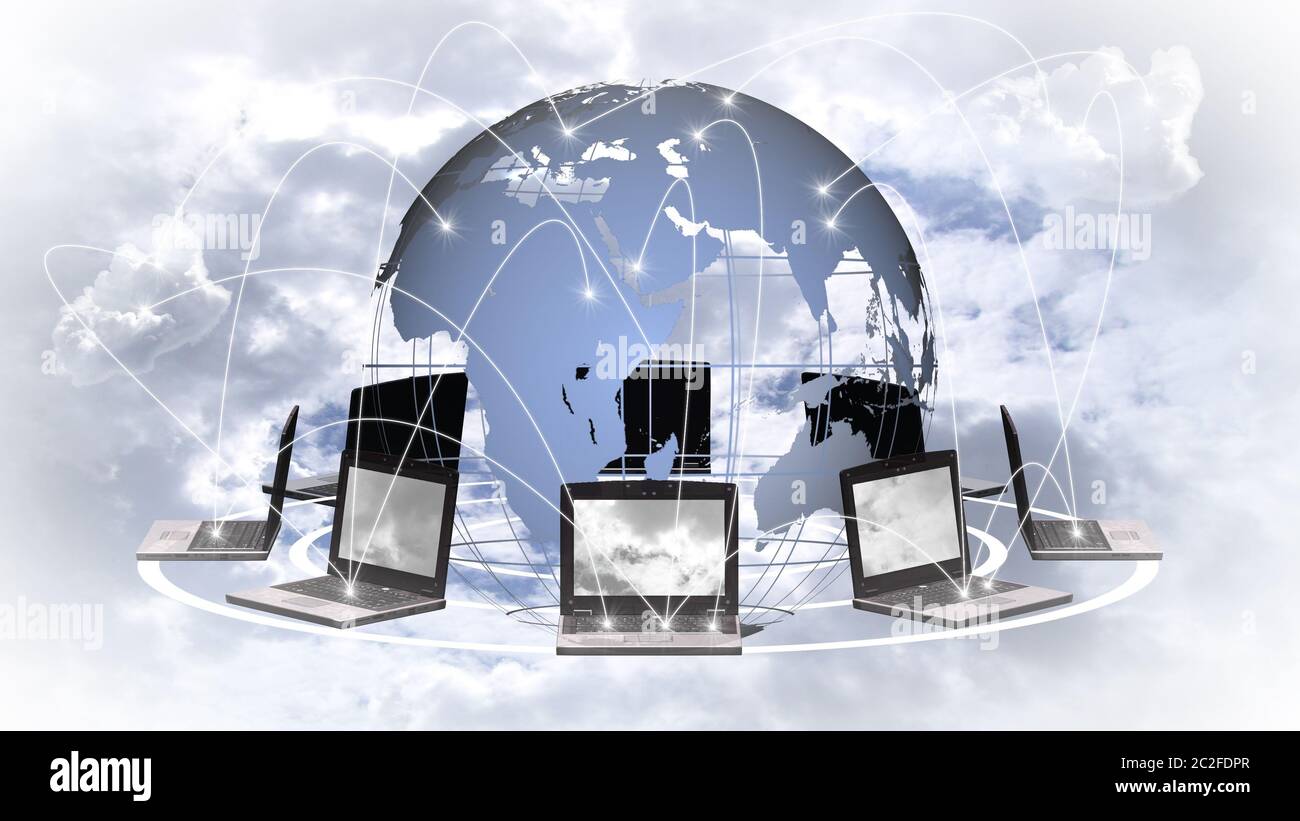 Concept de communication d'entreprise - ordinateurs portables connectés - réseau mondial Banque D'Images