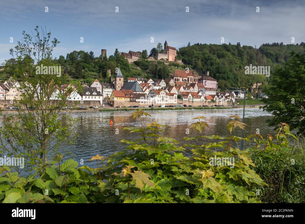 Vue sur la petite ville de Hirschhorn avec le château et la rivière Neckar, Odenwald, Hesse, Allemagne Banque D'Images