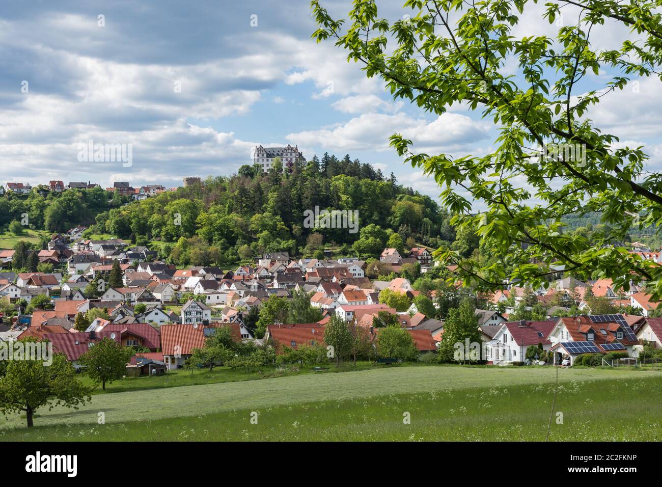 Vue sur le château de Lichtenberg dans la belle Fischbachtal, Odenwald, Hesse, Allemagne Banque D'Images