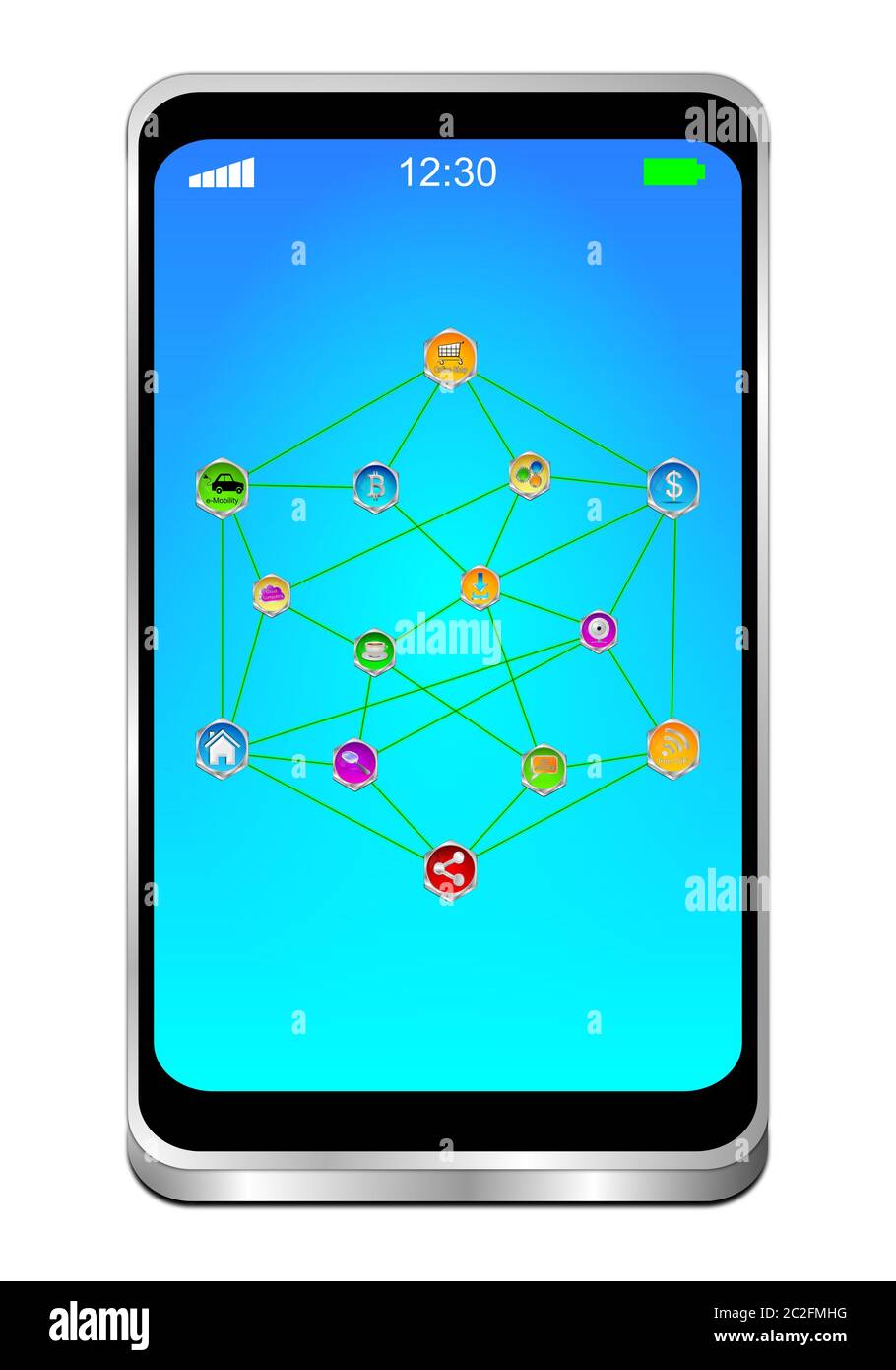 Smartphone avec Internet des objets sur un bureau bleu - illustration 3D Banque D'Images
