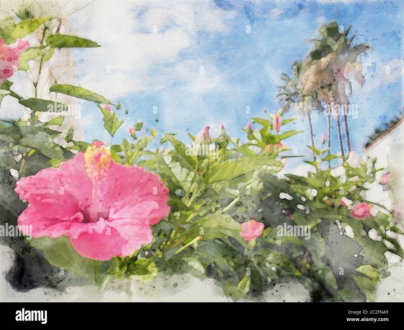 peinture aquarelle d'une scène de vacances tropicales avec une fleur d'hibiscus rose vif devant des bâtiments blancs flous Banque D'Images