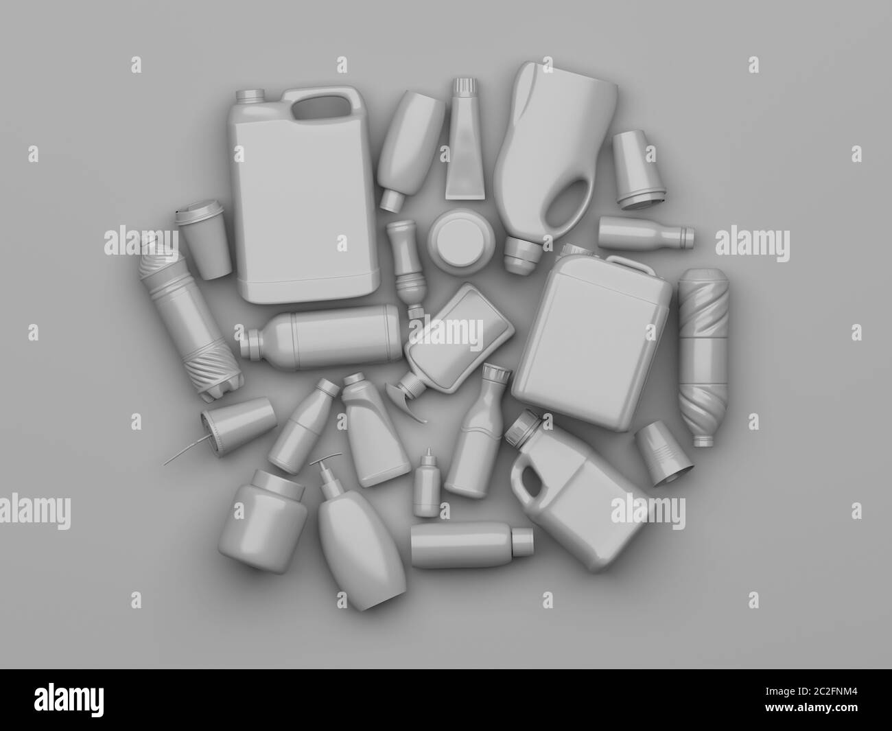 Jeu de contenants et de bouteilles en plastique usagés peints en gris sur fond gris. Composition conceptuelle créative sur le thème du tri et du processus Banque D'Images