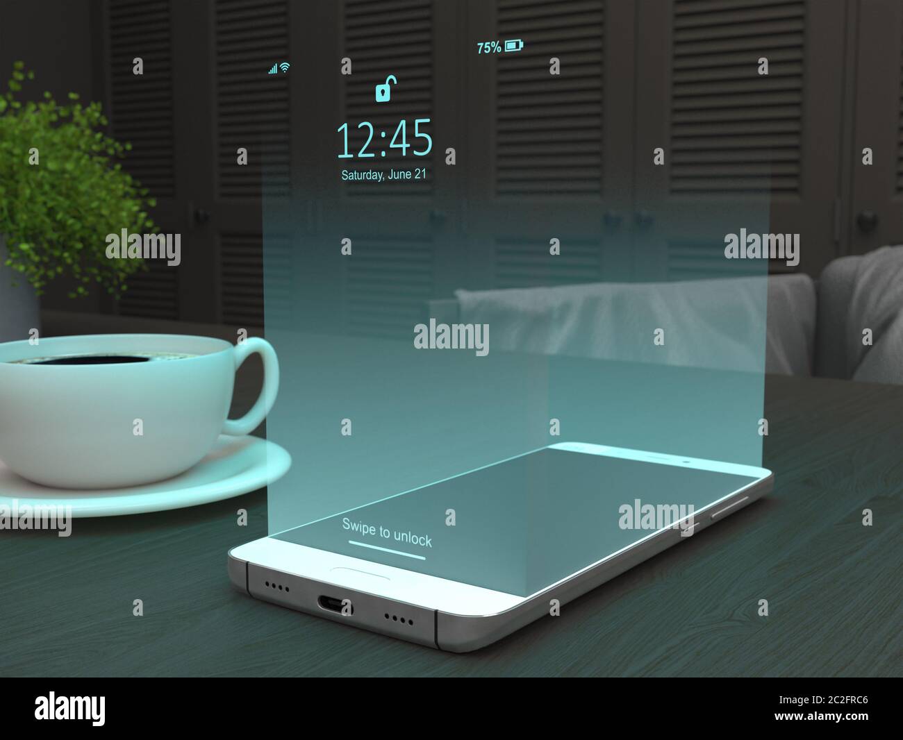 L'écran du smartphone sous la forme d'un hologramme virtuel en trois dimensions. Maquette de projection d'écran. Technologies futures. Gadget moderne. Créatif Banque D'Images