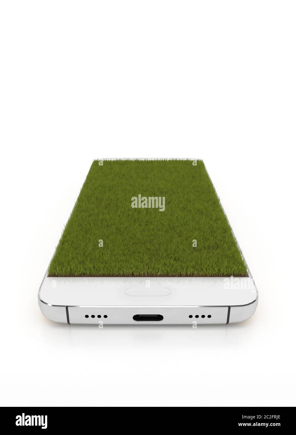 Smartphone blanc avec écran recouvert d'herbe. Téléphone portable isolé sur un fond blanc avec espace de copie. L'herbe est réaliste. Co. Créatif Banque D'Images