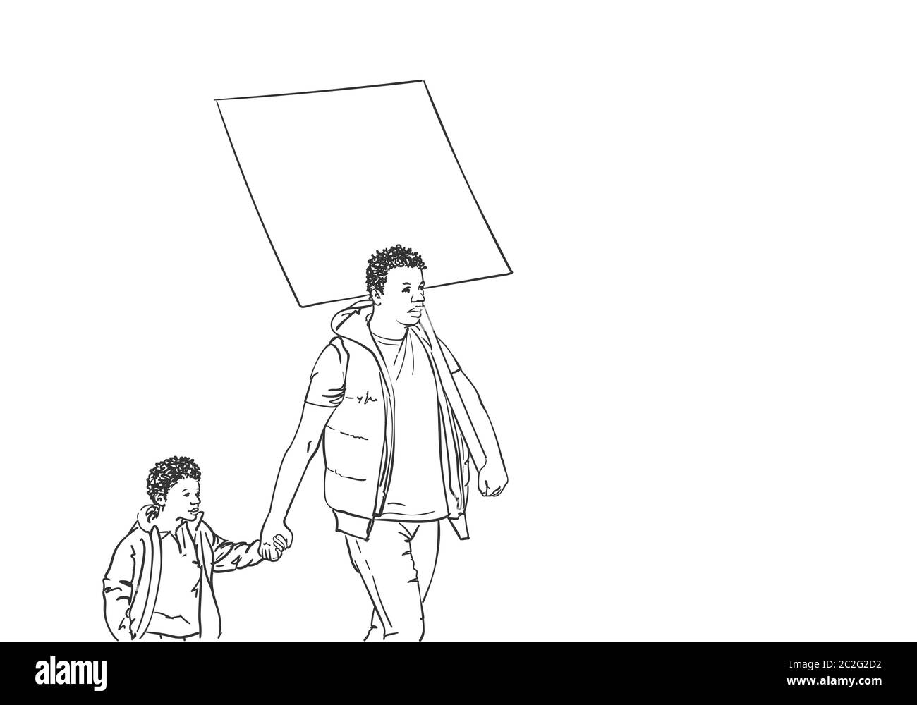 Homme noir avec enfant en manifestation pacifique tenant un panneau vierge. Esquisse vectorielle, illustration dessinée à la main. Racisme et droits de l'homme Illustration de Vecteur