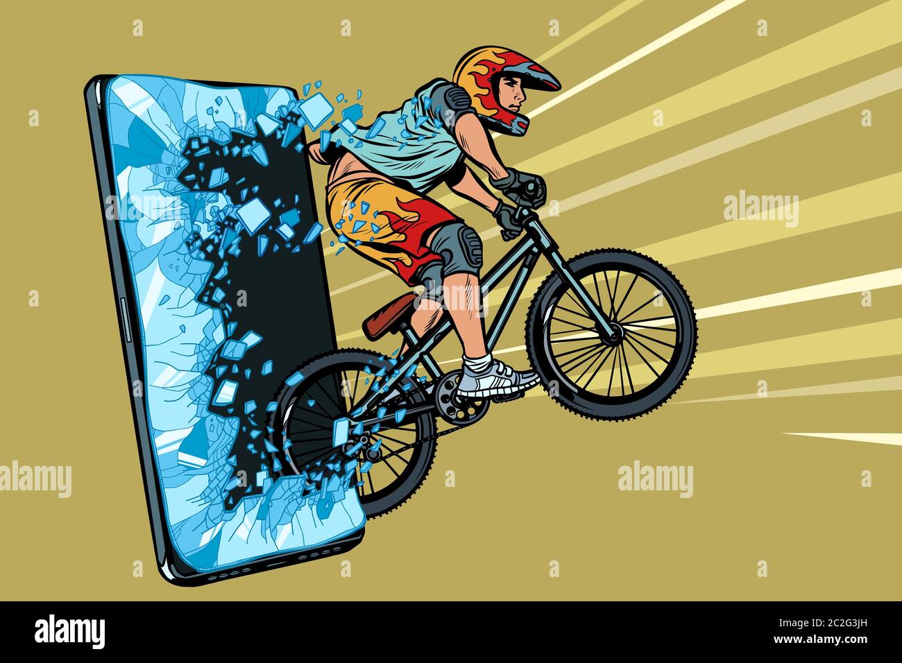 Sports online news concept cycliste sportif. dans un casque sur un vélo de  montagne. Internet en ligne Programme de service d'application. Pop art  retro vector illustra Photo Stock - Alamy