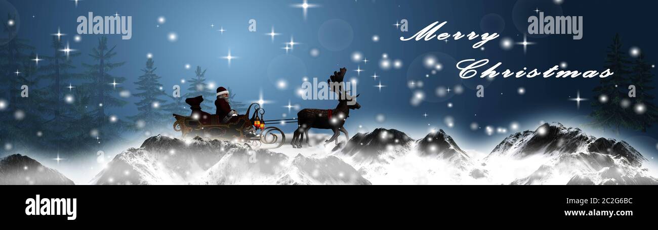 Le Père Noël Avec Des Rennes Et Des Lutins Dans Les Montagnes Enneigées Et  Le Texte Joyeux Noël Photo Stock - Alamy