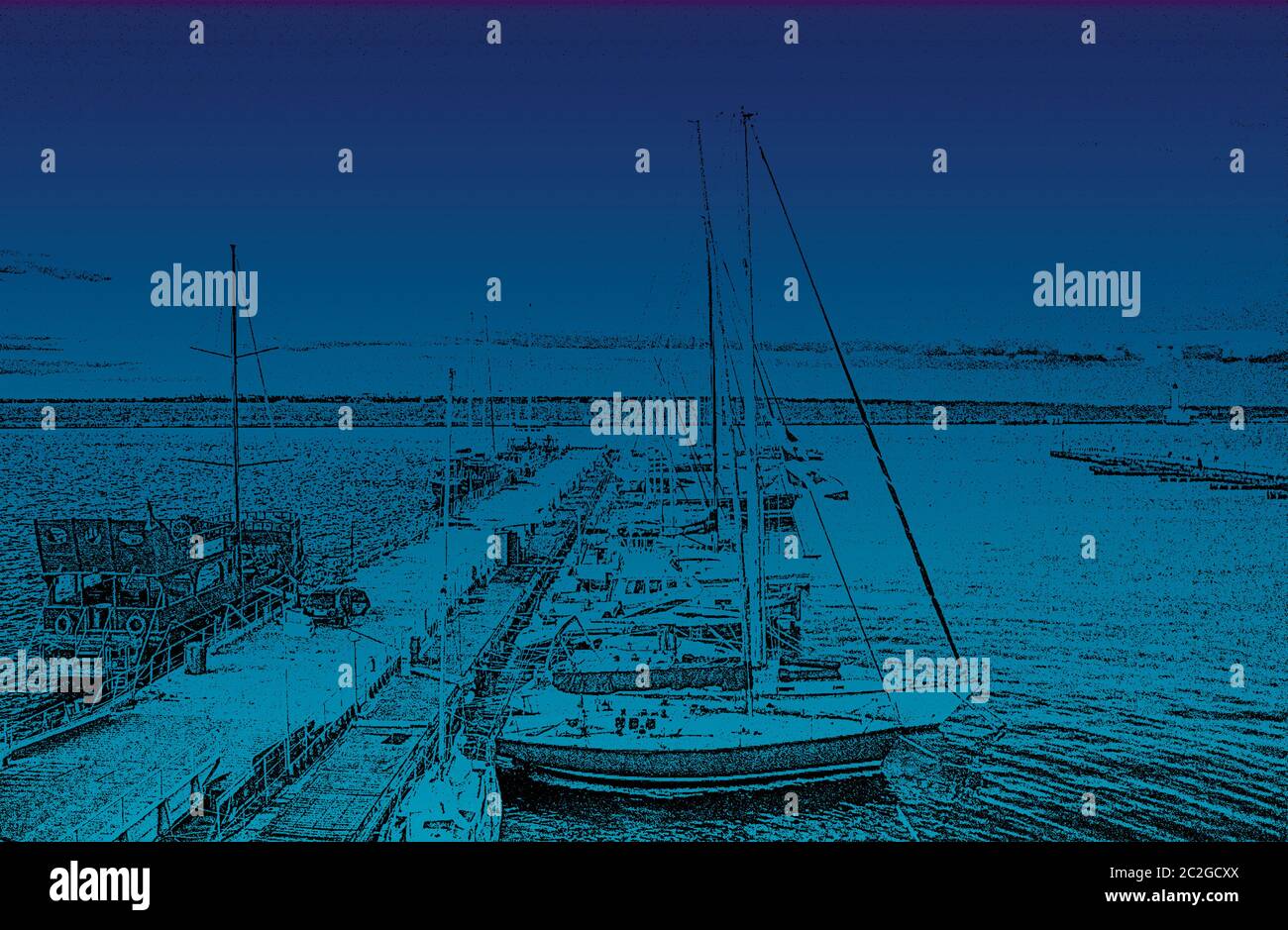 Port avec voiliers et yachts amarrés dans le port. Paysage marin. Illustration de Vecteur