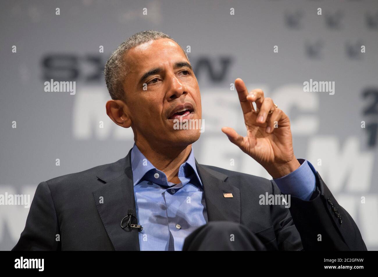 Austin, Texas États-Unis, 11 mars 2016 : États-Unis Le président Barack Obama parle de la fracture numérique lors d'un discours d'ouverture à la conférence numérique Sud-Ouest. Obama fait pression pour que les gens technophiles soient plus socialement responsables et poursuivent son héritage. ©Bob Daemmrich Banque D'Images