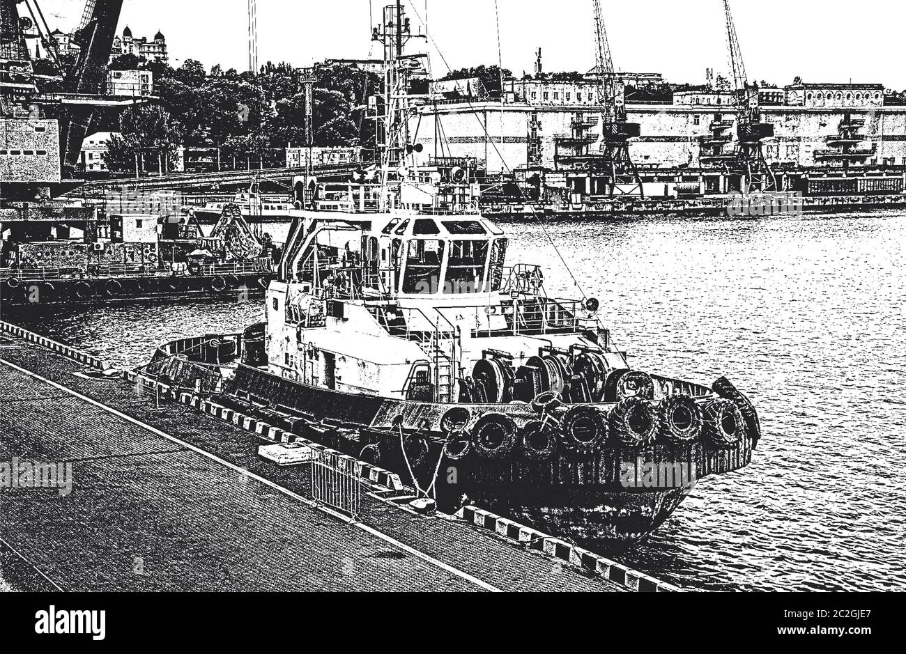 Parc technique de remorqueurs. Berth amarré au port. Mer Noire. Illustration de Vecteur