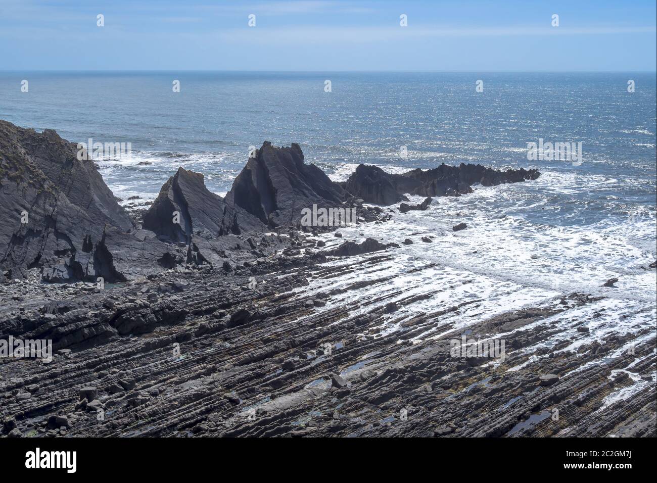 Le littoral spectaculaire et accidenté de Hartland Quay, au nord du Devon. Orienté sud. Banque D'Images