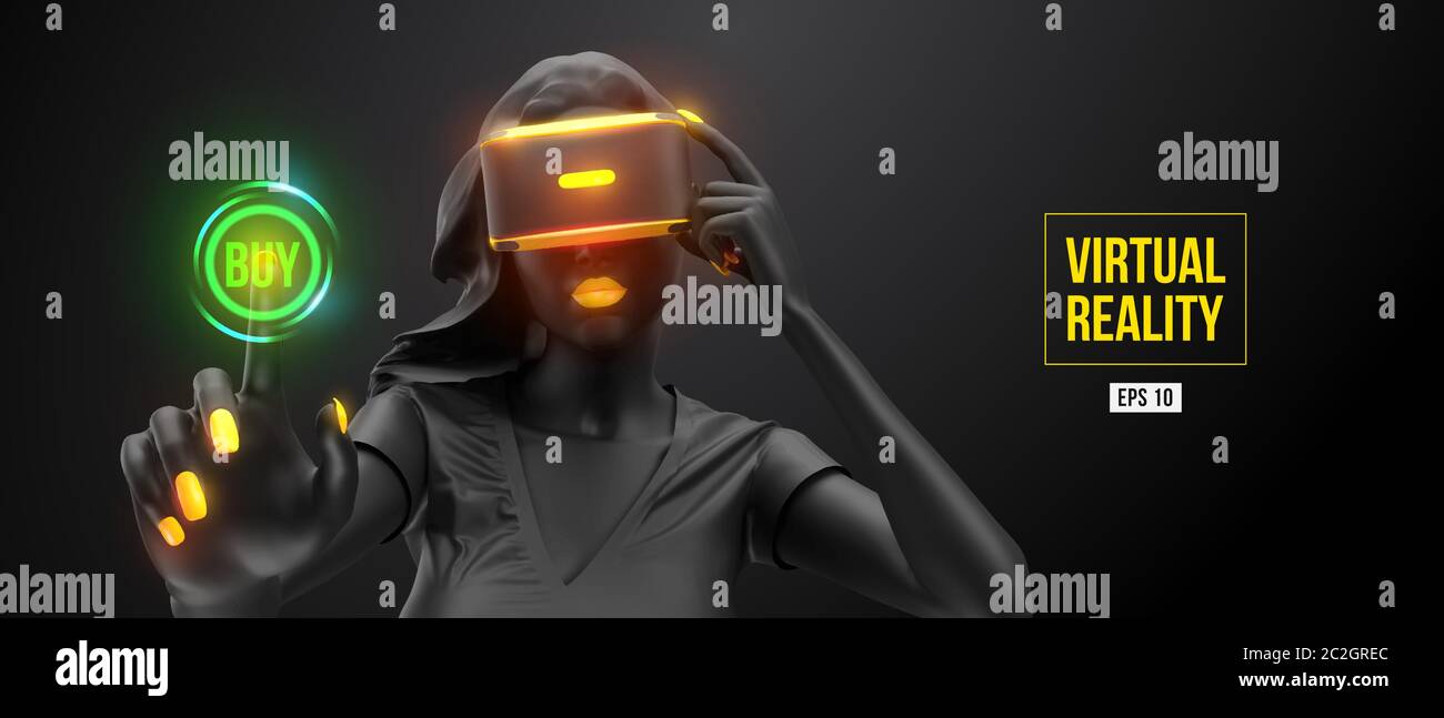 Casque VR, achats en ligne. Femme, portant des lunettes de réalité virtuelle sur fond noir. Femme achète une marchandise en un clic. Illustration vectorielle Illustration de Vecteur