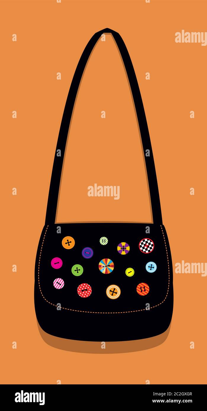 Illustration vectorielle d'un sac à bandoulière noir rusé décoré de magnifiques boutons colorés. Format vertical. Arrière-plan en terre cuite. Illustration de Vecteur
