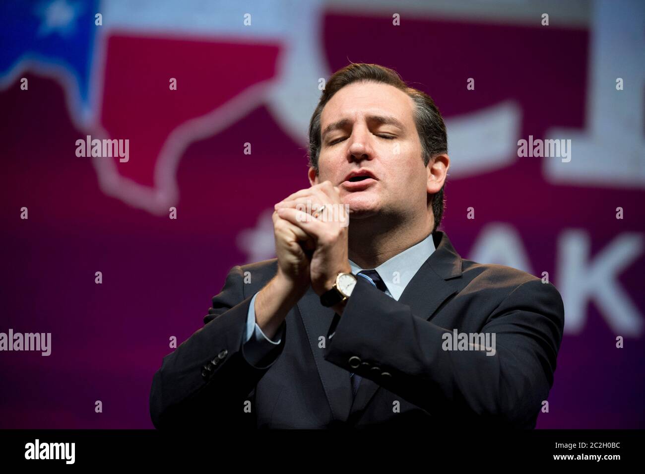 Fort Worth, Texas États-Unis, 6 juin 2014 : États-Unis Sen Ted Cruz, du Texas, prononce un discours vibrant aux délégués au congrès annuel du Parti républicain du Texas. Cruz, critique virulent de la politique de l’administration Obama, est considéré comme un candidat à la nomination présidentielle républicaine en 2016. ©Bob Daemmrich Banque D'Images