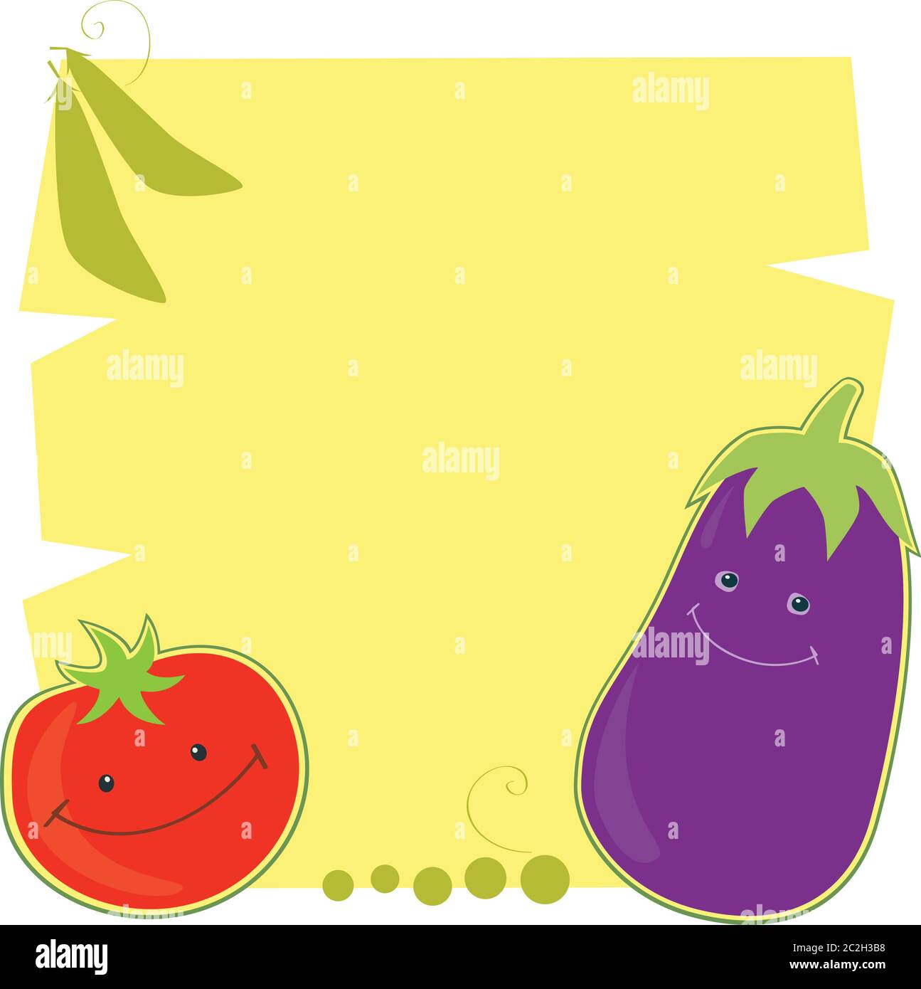 Illustration vectorielle de la tomate et de l'aubergine humoristiques sur fond jaune. Placer pour le texte. Style rétro. Illustration de Vecteur