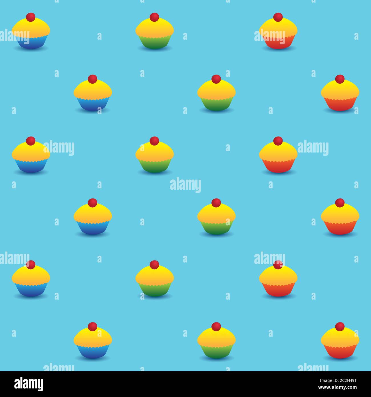 Motif vectoriel sans couture. Petits gâteaux jaunes avec cerise rouge sur le dessus dans des tasses colorées. Format carré, fond bleu clair. Illustration de Vecteur