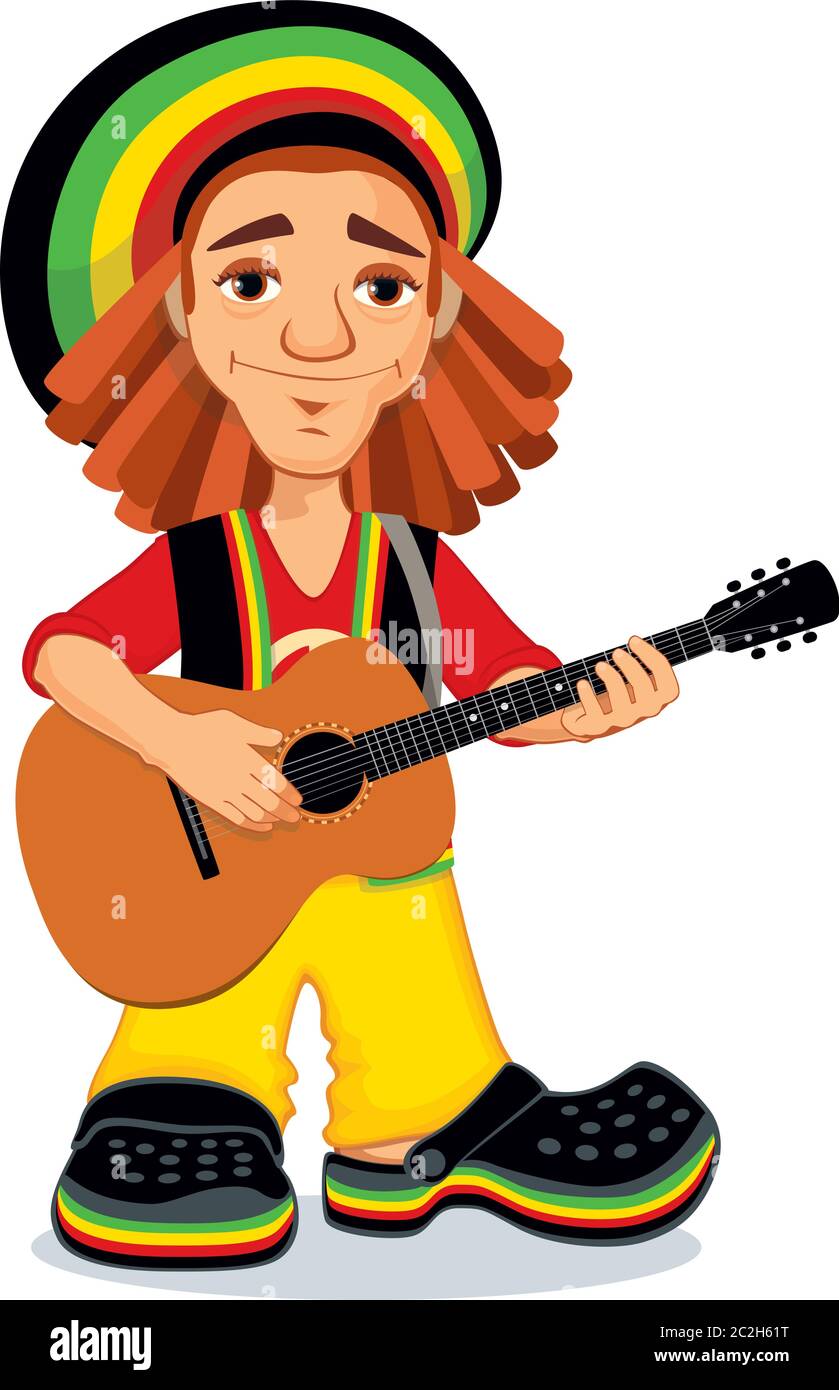 Illustration vectorielle de rastaman jouant de la guitare acoustique. Mignon dessin animé rastafarian gars avec dreadlocks portant une chemise rouge, pantalon jaune, noir ouest et Illustration de Vecteur