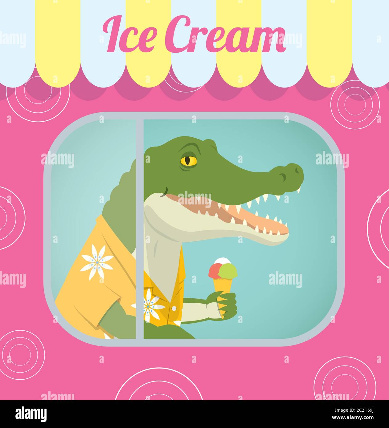 Illustration vectorielle rétro d'un crocodile dans une chemise Aloha, debout derrière la fenêtre, à l'intérieur d'une remorque vendant de la crème glacée. Dans le fichier eps, vous pouvez trouver Illustration de Vecteur