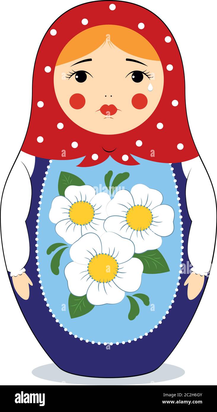 Illustration vectorielle colorée d'une poupée russe de nidification, Matryoshka, qui pleure. Couleurs vives, décoration traditionnelle. Isolé sur blanc. Illustration de Vecteur
