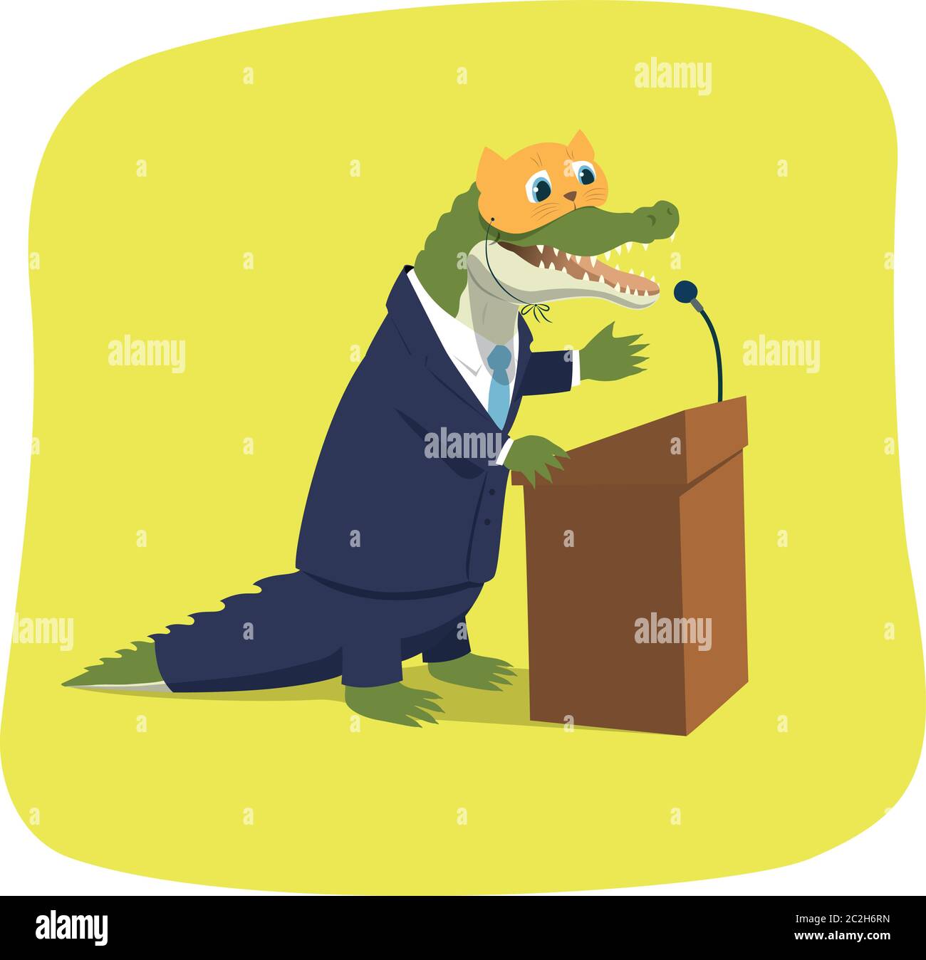 Illustration vectorielle d'un crocodile prétendant un joli chaton tout en pronontant un discours à une tribune. Caricature politique. Le masque se trouve sur un calque distinct. Illustration de Vecteur