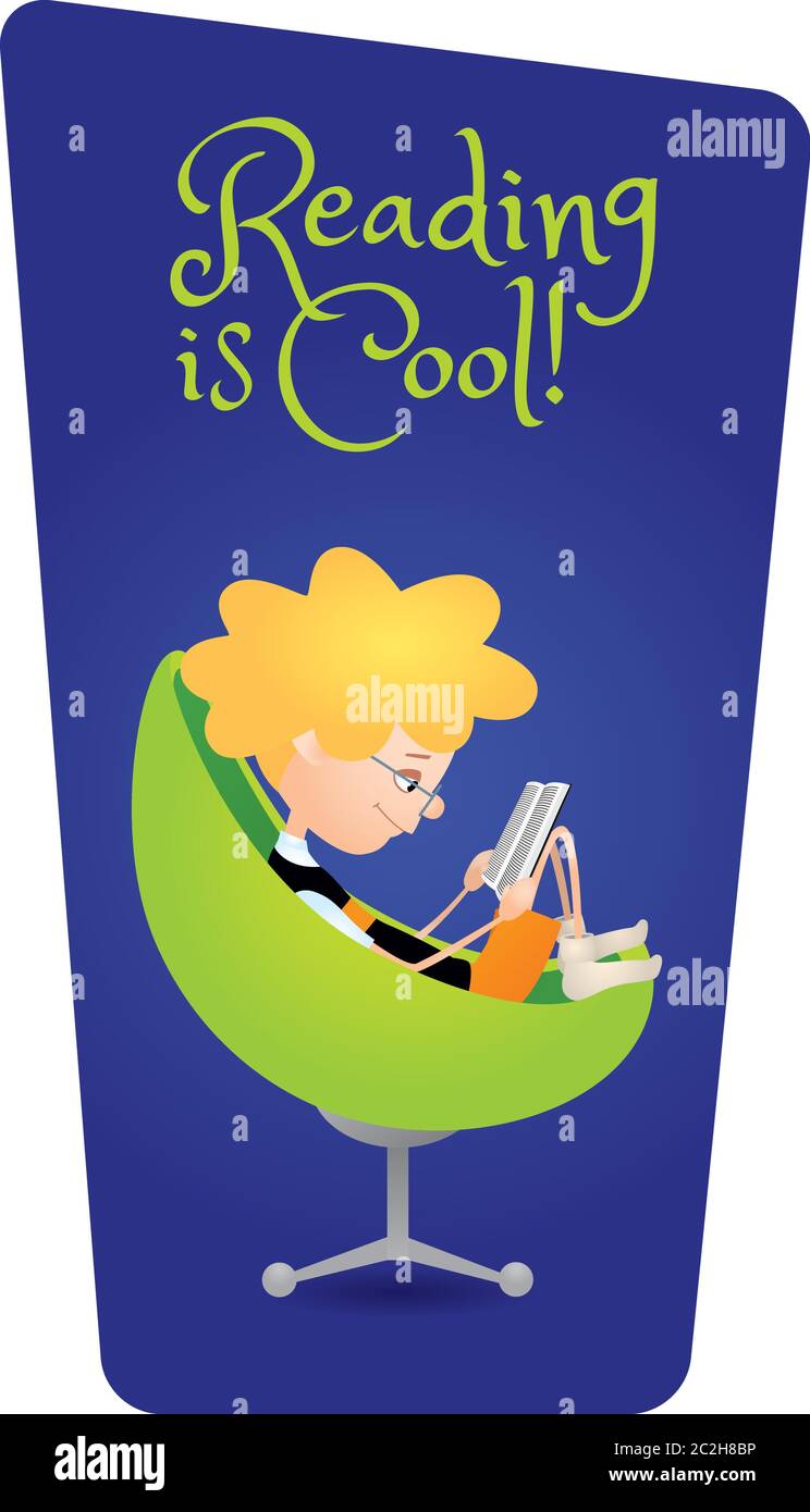 Illustration vectorielle d'un joli garçon assis dans un fauteuil vert confortable et lisant un livre. Fond bleu foncé, format vertical, texte « lecture en cours Illustration de Vecteur